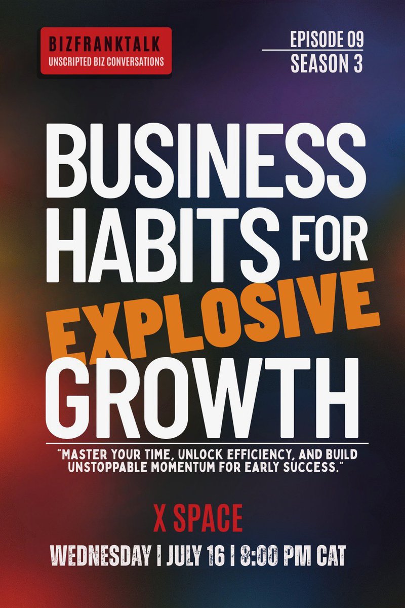 #BizFrankTalk SPACE: We're diving deep into mastering your time, unlocking efficiency, and building unstoppable momentum for early success. 

Don't miss out on the keys to Biz Excellence THIS coming Wednesday 8pm!

SET REMINDER @
x.com/i/spaces/1OyKA…