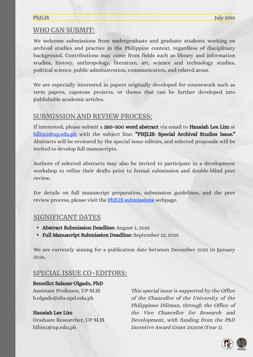 The UP SLIS MARM Program and PANDA Lab invite student researchers to submit to a PhJLIS special issue on archival studies and practice in the Philippines.

upslis.info/article/phjlis…

Be part of a growing conversation on archives, memory, and power in the Philippine context! ✊📚