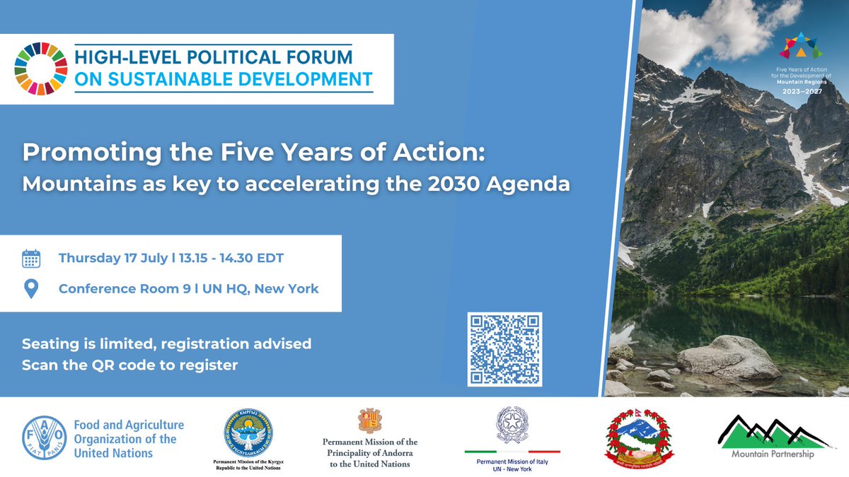 Mountain Partnership (@unmountains) on Twitter photo ➡️Happening this week at #HLPF!
🗻Side event on “Promoting the Five Years of Action: Mountains as Key to Accelerating the 2030 Agenda”
📅17 July | 13.15–14.30 EDT
📍UN HQ, New York
🔗bit.ly/4lVhF9y
#MountainsMatter #LeaveNoOneBehind #GlobalGoals <a href="/FAONewYork/">FAO in New York</a> ➡️Happening this week at #HLPF!
🗻Side event on “Promoting the Five Years of Action: Mountains as Key to Accelerating the 2030 Agenda”
📅17 July | 13.15–14.30 EDT
📍UN HQ, New York
🔗bit.ly/4lVhF9y
#MountainsMatter #LeaveNoOneBehind #GlobalGoals <a href="/FAONewYork/">FAO in New York</a>