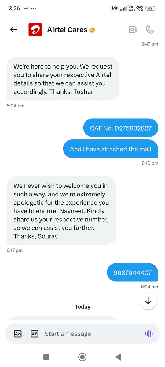 NavneetSSinha's tweet photo. @airtelindia @Airtelcare3 @airtelnews 
I am requesting you, arrange a call so I can explain my query to you.
I applied a registration at 4th July but still some problem over there and @airtelstore is not able to solve it.
At @X I talked with 4 person.
Tushar sourav amit neha https://t.co/0q2MTpRqFd