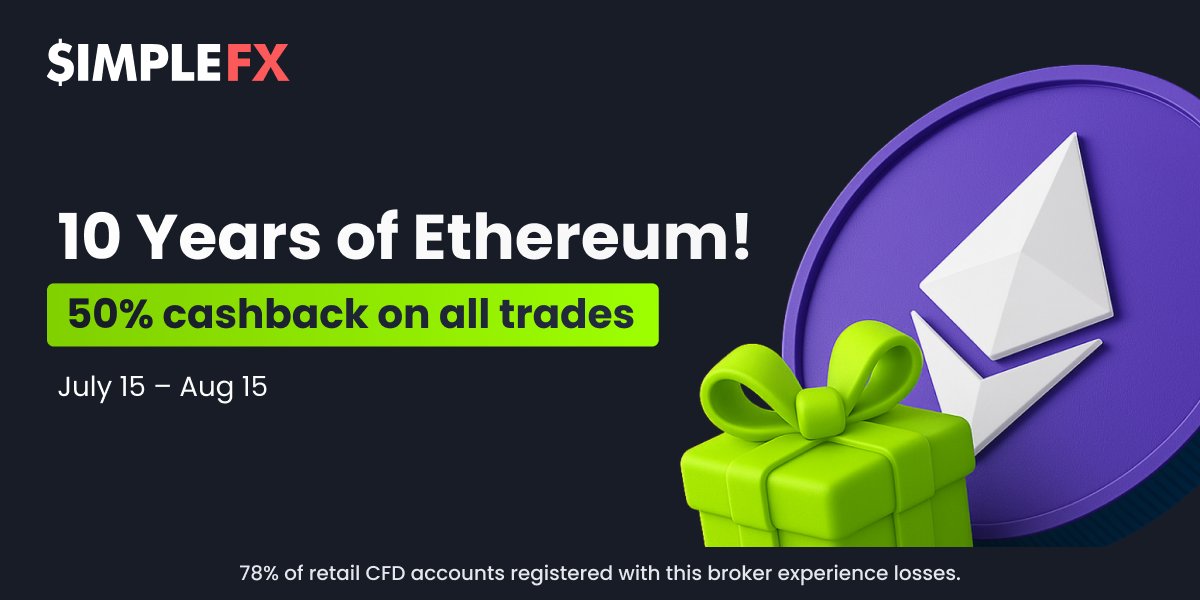 SimpleFXcom's tweet image. Ethereum turns 10!  🎉 

To celebrate, SimpleFX gives you 50% cashback on all trades - any symbol, any market.

👉 Sign up here: simplefx.com/lp/10-years-of…

📅 Promo runs: July 15 – August 15

Active &amp;amp; new users welcome!