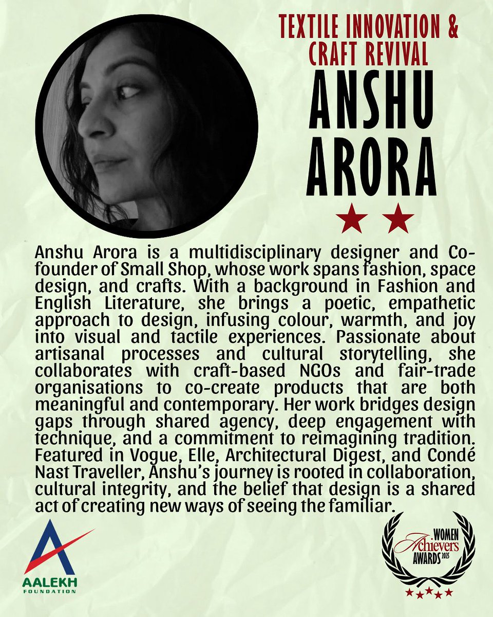 AalekhFoundOrg's tweet image. Anshu Arora is one of the 20 inspiring women being honoured at the 3rd Edition of the Aalekh Foundation Women Achievers’ Awards for her visionary contributions to design, craft, and cultural storytelling.
#AalekhAchievers2025 #DesignWithPurpose #WomenInDesign #CraftAndCulture