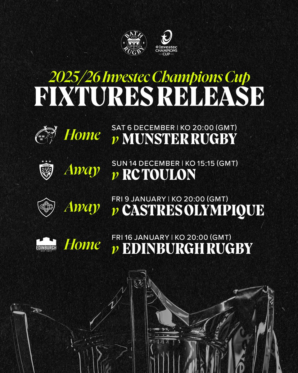 Bath Rugby (@bathrugby) on Twitter photo Champions Cup Fixtures confirmed ๐
Get ready to kick off the 2025/26 Investec Champions Cup as we start the next chapter of our European journey at The Rec!
๐๐๐๐
๐ฎ๐ช Munster Rugby
๐ด๓ ง๓ ข๓ ณ๓ ฃ๓ ด๓ ฟ Edinburgh Rugby
๐๐๐๐
๐ซ๐ท RC Toulon
๐ซ๐ท Castres Olympique Champions Cup Fixtures confirmed ๐
Get ready to kick off the 2025/26 Investec Champions Cup as we start the next chapter of our European journey at The Rec!
๐๐๐๐
๐ฎ๐ช Munster Rugby
๐ด๓ ง๓ ข๓ ณ๓ ฃ๓ ด๓ ฟ Edinburgh Rugby
๐๐๐๐
๐ซ๐ท RC Toulon
๐ซ๐ท Castres Olympique