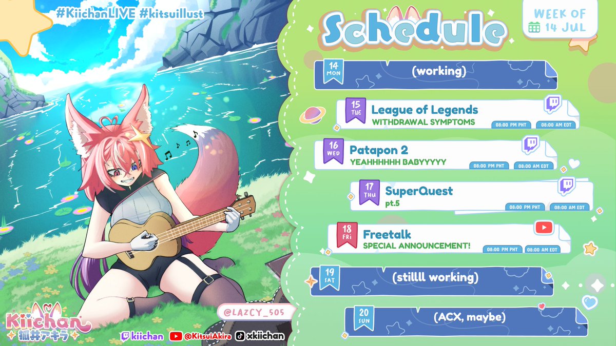 [🦊schedule ]
oh stream sched, right, almost forgot...
been working every single day even on the weekends so i'm gonna stream what makes me happy rn, cuz this is the only time i ever get to take a break lol

GMT+8
Twitch: kiichan
YT: KitsuiAkira