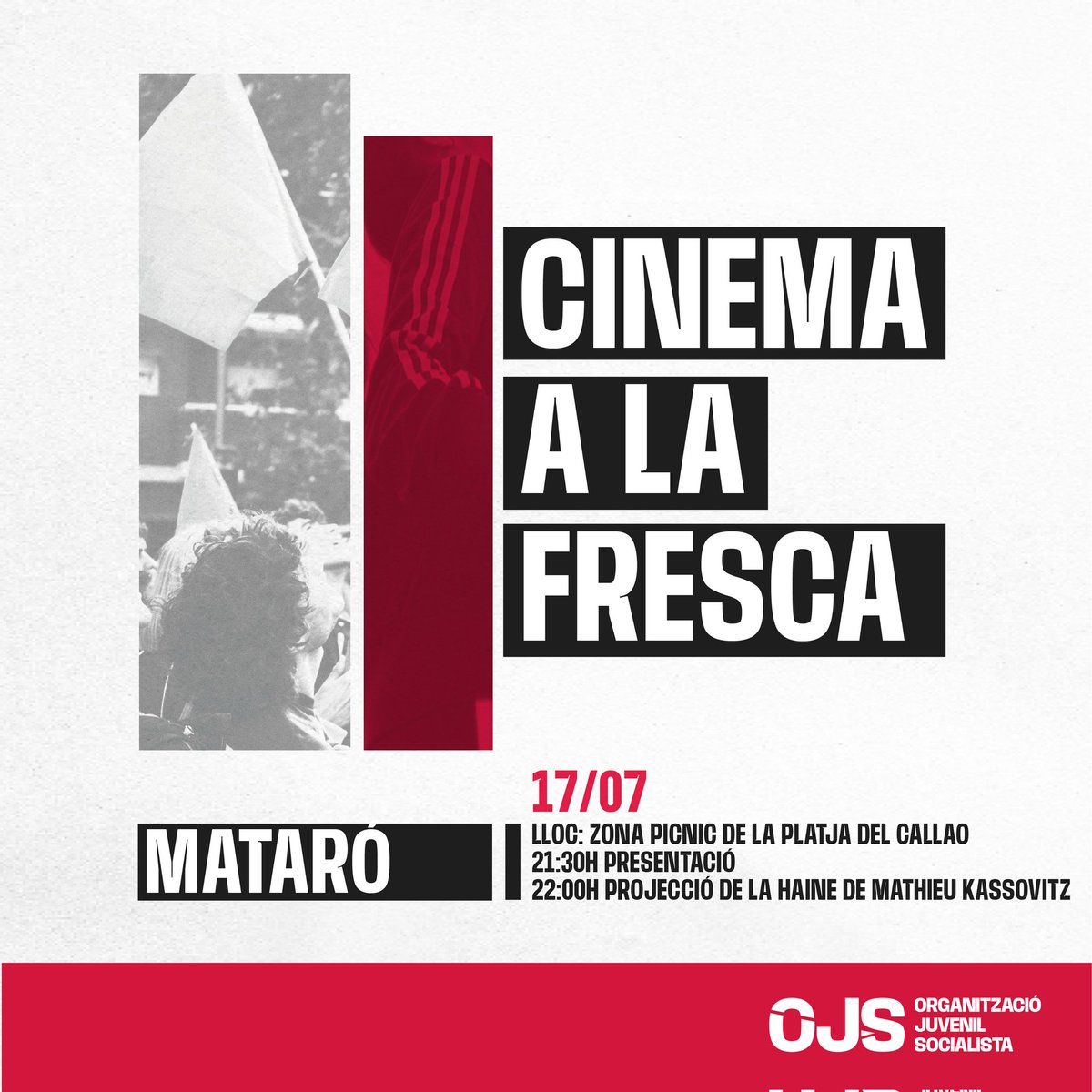 OJS_Maresme's tweet image. 🔴 CINEMA A LA FRESCA 🔴
Aquest dijous ens trobem a la zona de pícnic de la Platja del Callao de Mataró per la projecció de "La Haine" i presentar la nostra proposta a la ciutat.
Ens veiem dijous, per fer una passa més cap a organitzar l'alternativa revolucionària! ❤️🔥