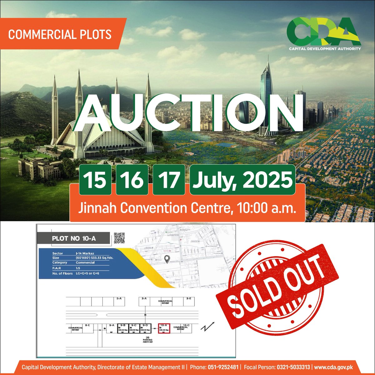 Plot No. 10-A I-14 Markaz – SOLD OUT!
Another Plot Sold! Plot No. 10-A in I-14 Markaz is now officially SOLD OUT!
Islamabad’s commercial future is being claimed fast — don’t miss the remaining opportunities in the CDA.