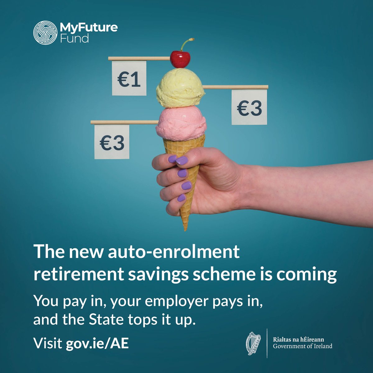 DeptRCDG's tweet image. My Future fund, the new auto-enrolment retirement savings scheme is coming.
You pay in,Your employer pays in, and the State tops it up.
For more information visit gov.ie/ae
#MyFutureFund