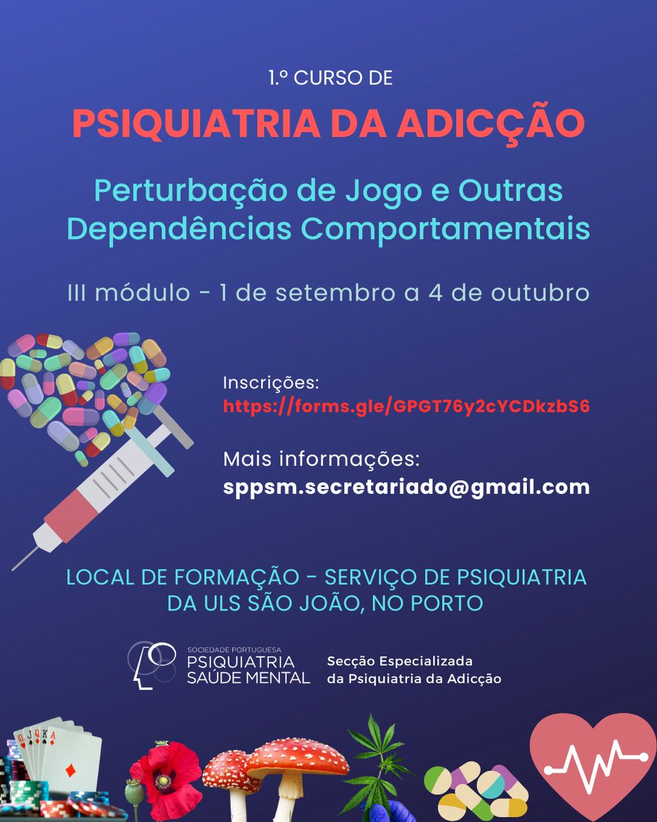 📢 Estão abertas as inscrições para o 𝟏.º 𝗖𝘂𝗿𝘀𝗼 𝗱𝗲 𝗣𝘀𝗶𝗾𝘂𝗶𝗮𝘁𝗿𝗶𝗮 𝗱𝗮 𝗔𝗱𝗶çã𝗼 – 𝗣𝗲𝗿𝘁𝘂𝗿𝗯𝗮çã𝗼 𝗱𝗲 𝗝𝗼𝗴𝗼 𝗲 𝗼𝘂𝘁𝗿𝗮𝘀 𝗔𝗱𝗶çõ𝗲𝘀 𝗖𝗼𝗺𝗽𝗼𝗿𝘁𝗮𝗺𝗲𝗻𝘁𝗮𝗶𝘀!

🔗 Saiba mais aqui: sppsm.org/noticias/artig…