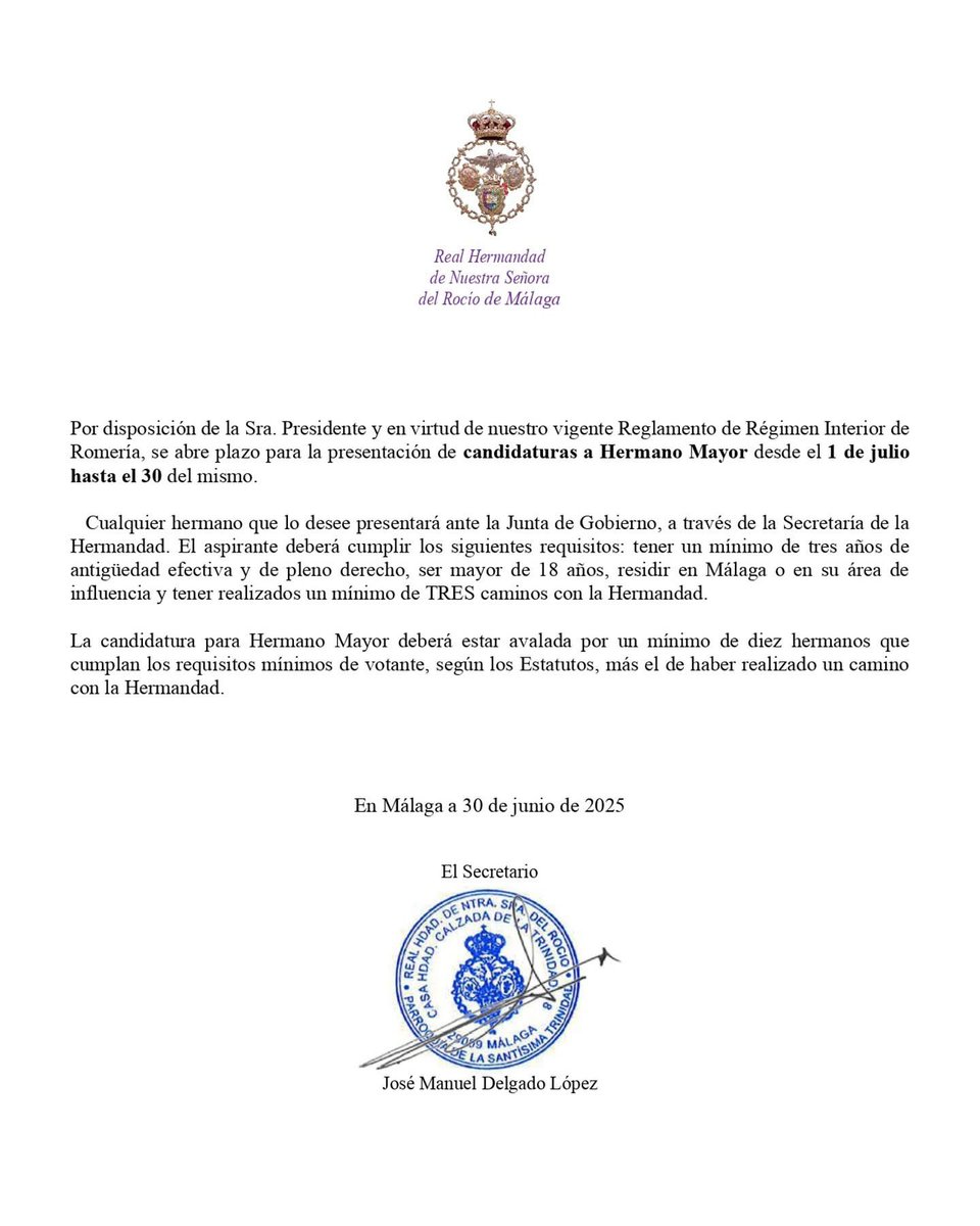 🟣⚪️ ROMERÍA 2026 | Continúa abierto el plazo de candidaturas a Hermano Mayor, hasta el próximo 30 de julio.

Todos aquellos que deseen presentar su candidatura deberán hacerlo en nuestra casa de Hermandad los días lunes y jueves en el horario habitual de atención a los hermanos.