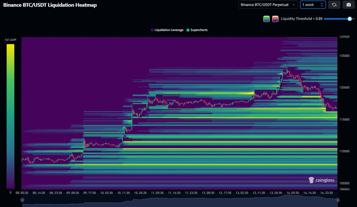 TheCryptoData's tweet image. BTC is currently at major support on the 4h at 116.8k with its StochRSI now oversold. This is where I'm currently bidding and will DCA down to 115k. My reasons are listed below 👇
Liquidity Heatmap 📊
Liquidity levels down to 115.2k (there is also a lot building to the upside…