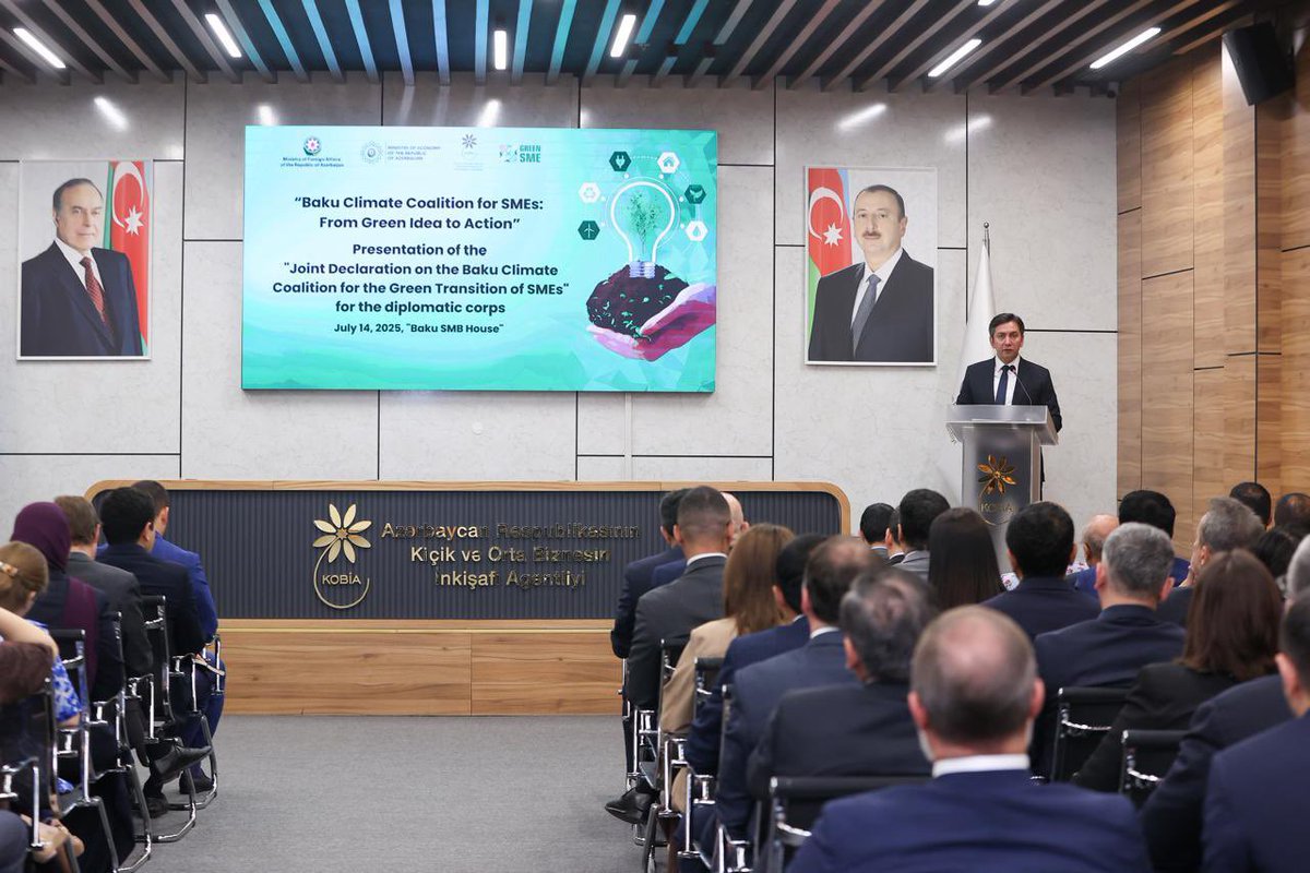 COP29_AZ's tweet photo. Mr. Yalchin Rafiyev, COP29 Lead Negotiator and Deputy Minister of Foreign Affairs of Azerbaijan, addressed a special event hosted by KOBIA in its HQs for the heads of diplomatic missions in Azerbaijan to promote the endorsement of the Declaration on the Baku Climate Coalition for SMEs’ Green Transition. In his remarks, Deputy Minister highlighted the significance of SMEs in advancing sustainable consumption practices and contributing meaningfully to climate resilience. Mr. Rafiyev also recalled the BICFIT initiative of COP29 Presidency as a platform that plays a vital role in addressing barriers to finance, technology and knowledge for SMEs, empowering them to take a lead in green innovation and inclusive net-zero transitions.

#COP29