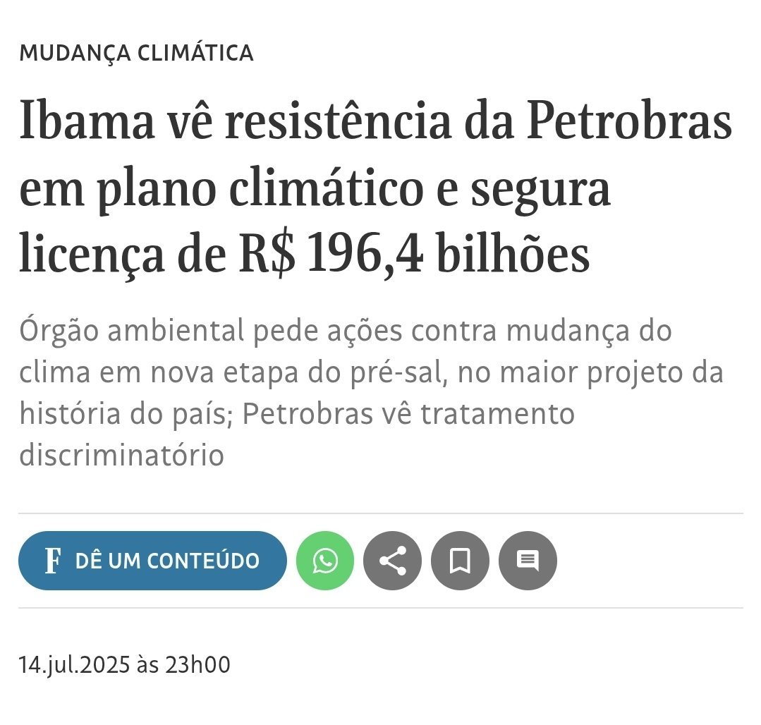 ClaudioMaretti's tweet image. O Ibama tem razão!
#Ibama_tem_razao
Ibama vê resistência da Petrobras em plano climático e segura licença de R$ 196,4 bilhões
Órgão ambiental pede ações contra mudança do clima...
www1.folha.uol.com.br/ambiente/2025/…