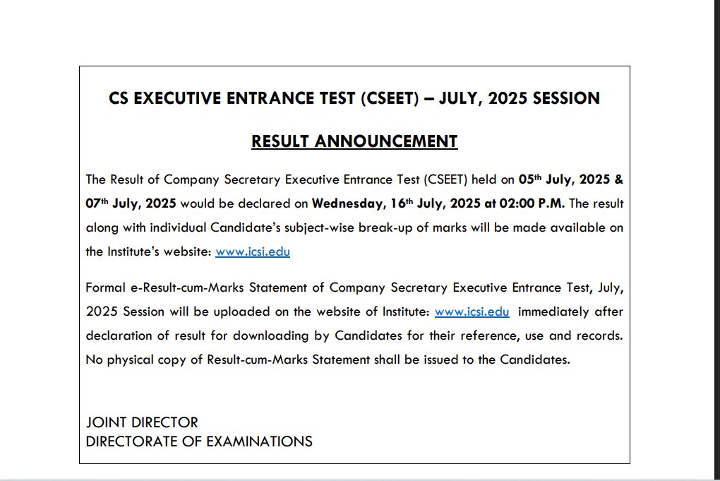 Bccgurgaon's tweet image. ICSI Result Date Announced for CSEET July 2025 Attempt

#CSEETcoachingingurgaon #cseetclasses #cseetacademy #cseetinstitute #bestcseetclasses #topinstituteforcseetpreparation #cseetpreparation