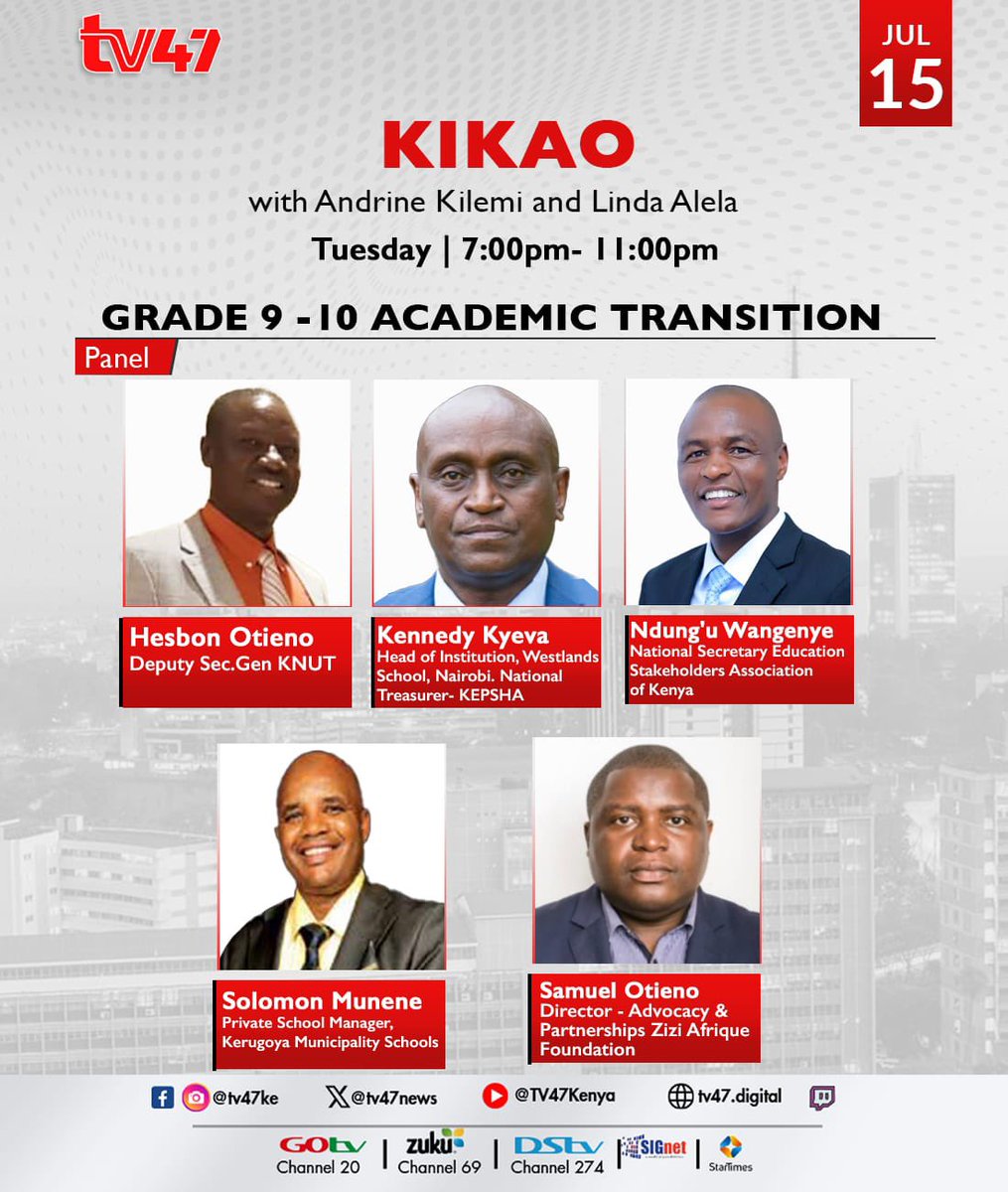 Tonight from 7pm to 11pm, Andrine Kilemi and Linda Alela will be hosting yet another engaging session of #TV47Kikao. The topic tonight is Grade 9-10 Academic Transition and in the panel will be: Hesbon Otieno, Kennedy Kyeva, Ndung’u Wang’enye, Solomon Munene and Samuel Otieno.