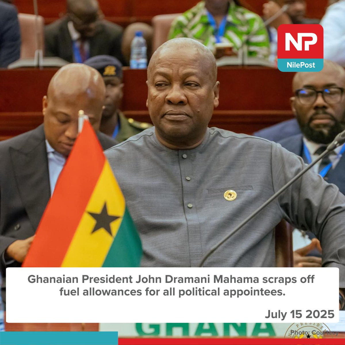 Ghanaian President John Dramani Mahama scraps off 
fuel allowances for all political appointees.

via: <a href="/nilepostnews/">Nile Post</a>