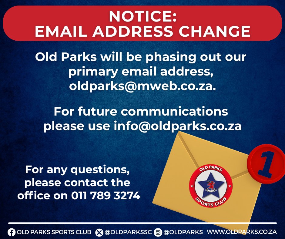 NOTICE: Email address change
We will be phasing out our primary email address, oldparks@mweb.co.za.
For future communications please use info@oldparks.co.za.
#newemailaddress