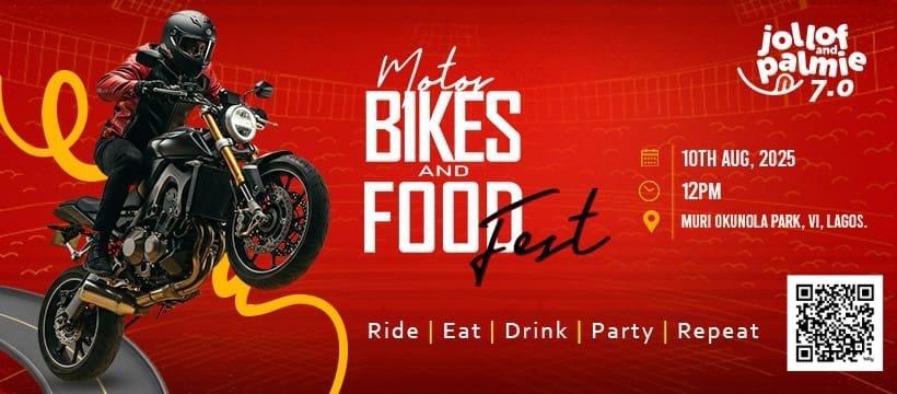 🔥 Lagos, are you ready?

Jollof and Palmie 7.0 is back and this time, we’re going full throttle! 🏍️🍗🍹
Get ready for the Motorbikes and Food Fest – a day of pure vibes, thrills, and flavor!

🗓️ 10th August, 2025
🕛 12 PM
📍 Muri Okunola Park, VI, Lagos

Expect:
✅ Motorbike