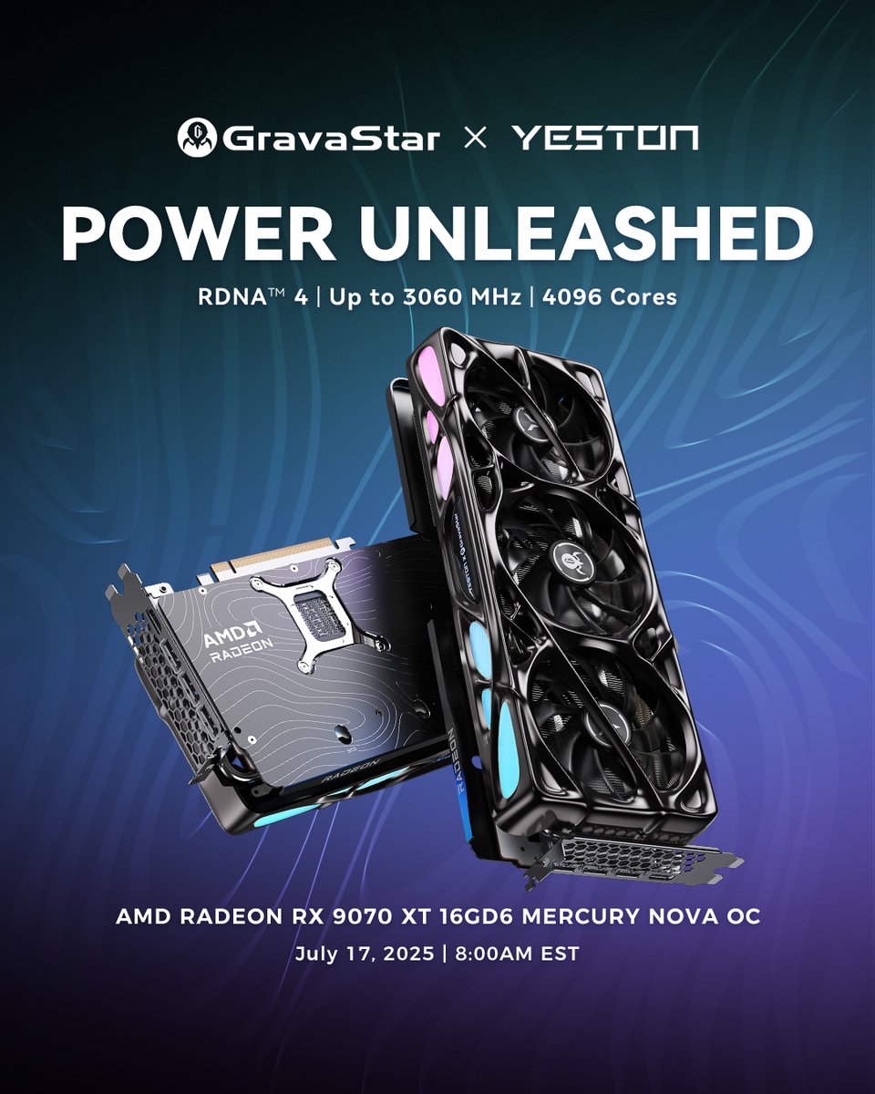 野獣を解き放て！
Yeston × GravaStar AMD RADEON RX 9070 XT 16GD6 Mercury Nova OC 登場！

⚡ RDNA™ 4 テクノロジー
⚡ 最大ブースト 3060 MHz
⚡ 4096 ストリームプロセッサー

発売まであと 2日！
予約開始は 7月17日。
ゲーミング環境を次のレベルへ引き上げよう！🔥
.
.
.
#gravastar #YESTON