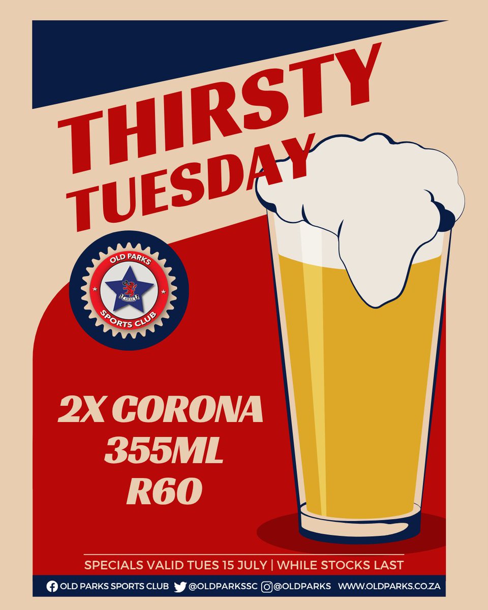 Thirsty Tuesday at Old Parks!
Get 2 x Corona 355ml beers for only R60.
Special valid today only while stocks last.
#thirstytuesday #beerspecial #timetrialtuesday