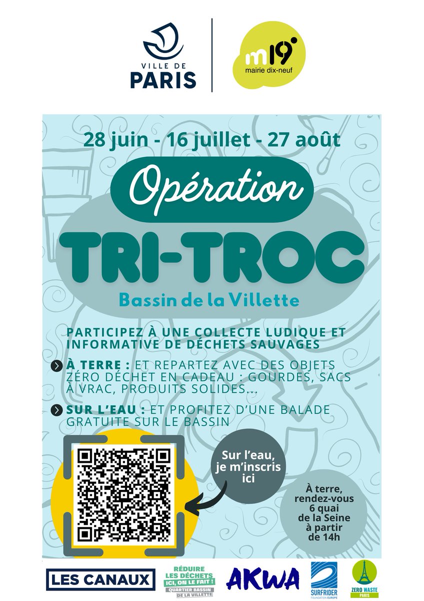 Paris19e's tweet image. 🌊♻️ #OpérationTriTroc
Ce mercredi 16 juillet, participez à l’OpérationTriTroc au Bassin de la Villette !
Au programme : collecte de déchets ludique, balade gratuite sur l’eau et cadeaux zéro déchet 🎁🌱
📍6 quai de la Seine, dès 14h
👉 Inscription : urls.fr/_OvdK0