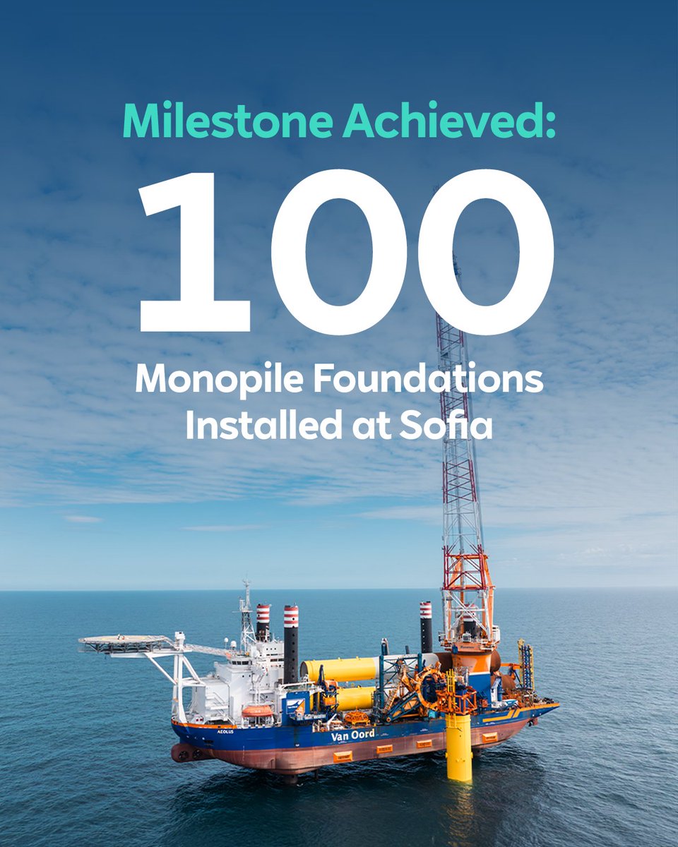 RWE_UK's tweet image. ✅ All 100 monopiles are now installed at Sofia Offshore Wind Farm – a major milestone after 14 months of offshore work.
Delivered in partnership with Van Oord & EEW Group, Sofia will help power the UK’s low-carbon future with 1.4GW of clean energy. ⚡️🌊
uk.rwe.com/press-and-news…
