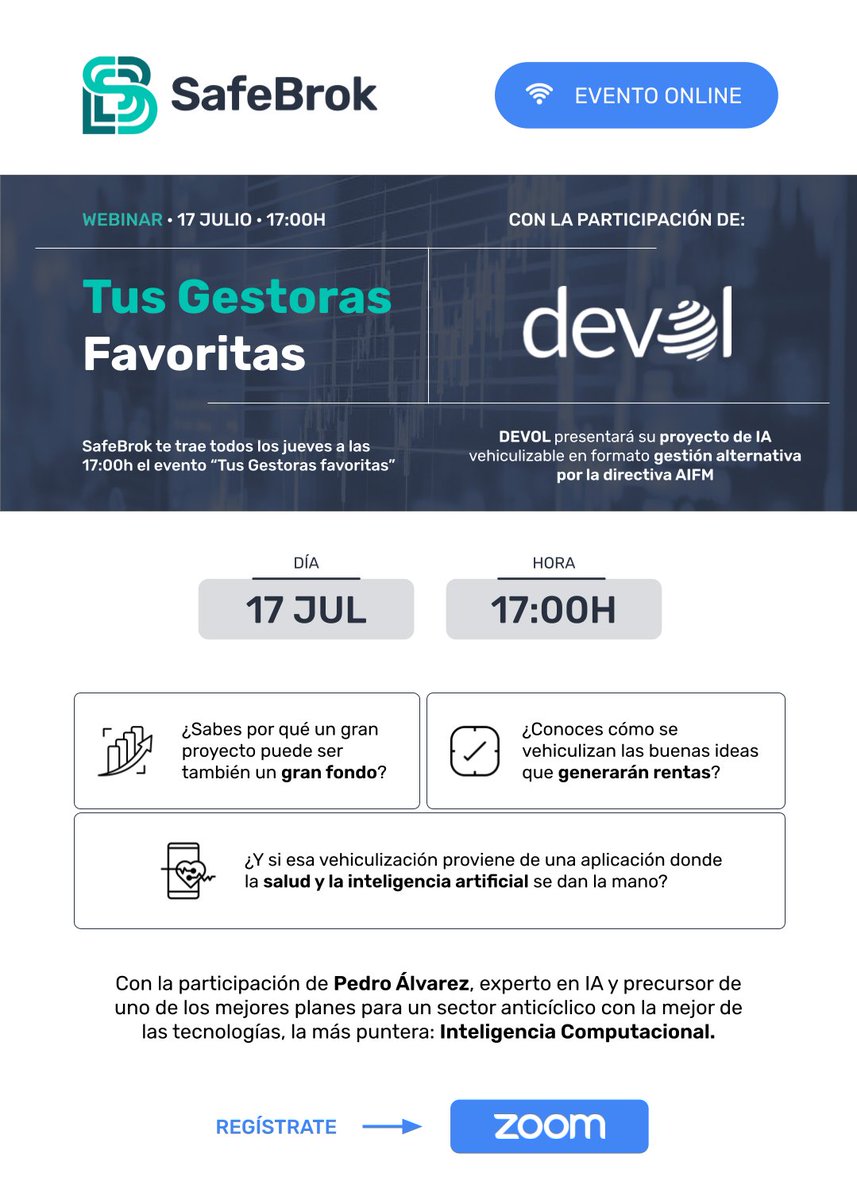 SafeBrok_es's tweet image. 📅 ¡SafeBrok te trae tus Gestoras favoritas! El próximo 17 de julio contamos con #Devol que presentará su proyecto de IA vehiculizable en formato gestión alternativa por la directiva AIFM.

Apúntate aquí: 👇

us06web.zoom.us/webinar/regist…

#EventosSafeBrok #Estrategiadeinversión