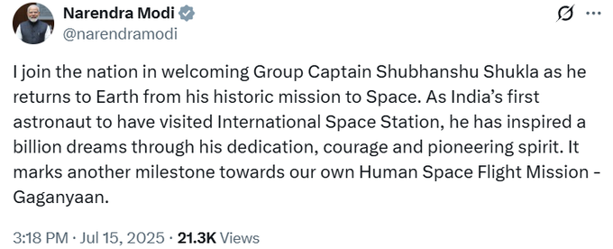 Inkhabar's tweet photo. Shubhanshu Shukla Return: भारत के पहले अंतरिक्ष यात्री ग्रुप कैप्टन शुभांशु शुक्ला की ऐतिहासिक वापसी, PM मोदी ने की प्रशंसा.

#ShubhanshuShukla #ShubhanshuShuklaReturn #SpaceX #AxiomMission4 #ENGvIND #ENGvsIND #INDvsENG #INDvsENGTest #Inkhabar https://t.co/6A7Q2PfsKN