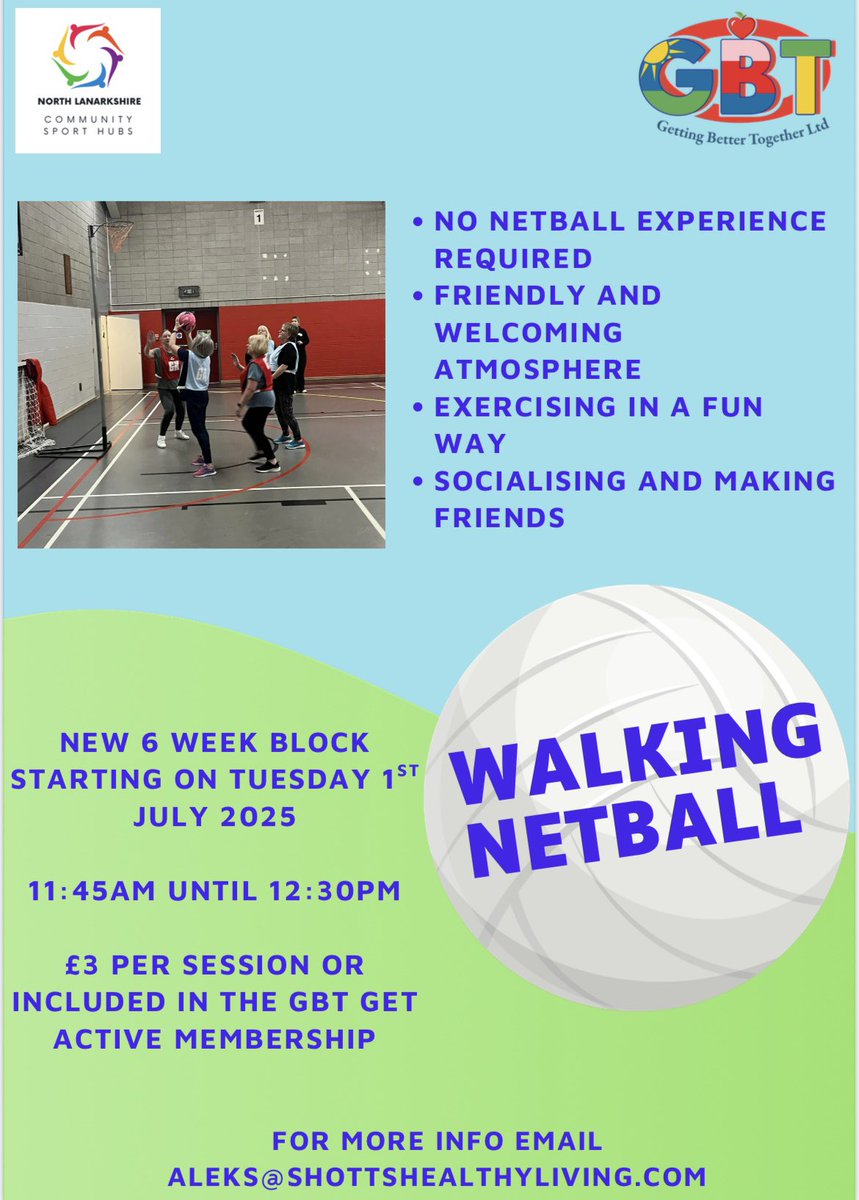 CSHNorthLan's tweet image. Netball & Natter programme still running in partnership with @GbtActive 🎉
Come down to Shotts Leisure Centre and get involved!
