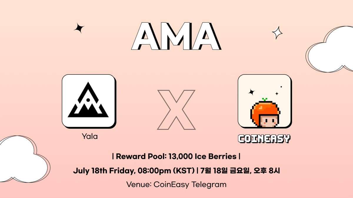 Coiniseasy's tweet photo. 🇰🇷 I 🇺🇸  

📣 @yalaorg X @Coiniseasy AMA 이벤트

👀 Yala는?
Yala는 비트코인으로 DeFi와 실물자산 수익을 얻을 수 있는 프로토콜입니다. BTC를 직접 보유한 채 실수익을 창출할 수 있습니다. 더 이상 비트코인을 놀리지 마세요.

⏰ 7월 15일 금요일 08:00 PM KST
✔️ 팔로우 @yalaorg , @Coiniseasy 
✔️ 좋아요 & 리트윗
✔️ 폼 작성 (https://t.co/5phgw6tjuC)
🎁 리워드: 13,000 Ice Berries
📍 AMA 장소: 코인이지 소통방 (https://t.co/pQ7kRZiJbM)

📣 @yalaorg X @Coiniseasy AMA Event

👀 What is Yala?
Yala is a protocol that lets you earn real yield on Bitcoin through DeFi and real-world assets — all while holding your BTC directly. Don’t let your Bitcoin sit idle.

⏰ July 15 (Fri) | 08:00 PM KST
✔️ Follow @yalaorg and @Coiniseasy
✔️ Like & Retweet
✔️ Fill out the form: https://t.co/5phgw6tjuC
🎁 Reward: 13,000 Ice Berries
📍 AMA Location: CoinEasy Chat(https://t.co/pQ7kRZiJbM)

#Yala #코인이지 #AMA