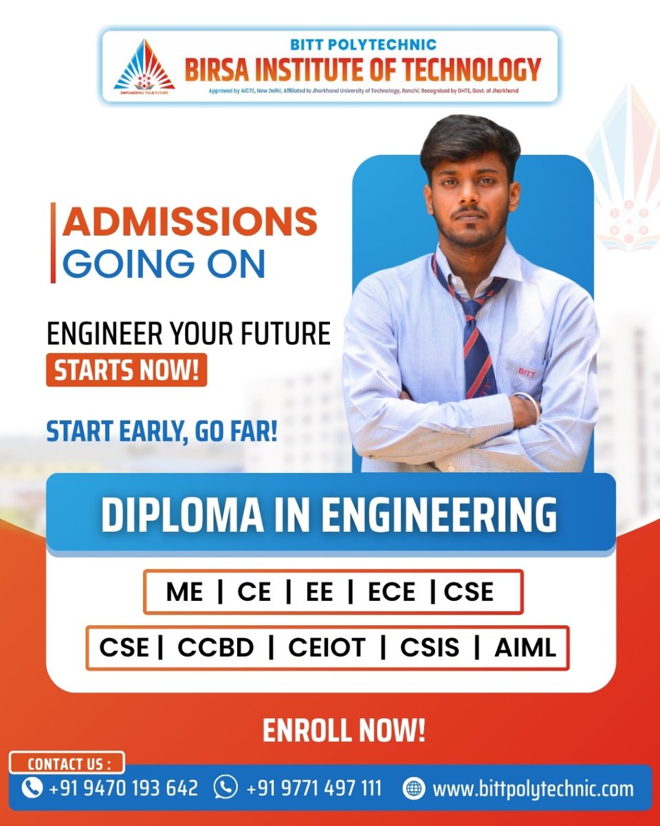 bittpolytechni1's tweet image. BITT Polytechnic is where young talent becomes tomorrow’s engineer!
Practical labs, expert mentors &amp;amp; 100% placement assistance await you.

Admissions Open – Don’t Miss Out!
📧hrbittp@gmail.com
📞+91 9470193642
📲+91 97714 97111

#BITTPolytechnic #AdmissionsOpen2025 #StudyWithBITT