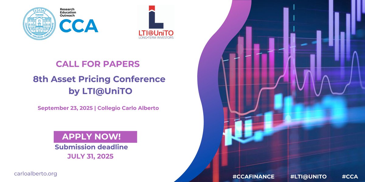 CollegioCA's tweet image. 📢 Call for Job Market Paper – 8th Asset Pricing Conference at Collegio Carlo Alberto
 📅September 23, 2025
PhD students in the final stage of their studies are invited to apply for a presentation slot at the 8th Asset Pricing Conference by LTI@UniTO.

This prestigious one-day…