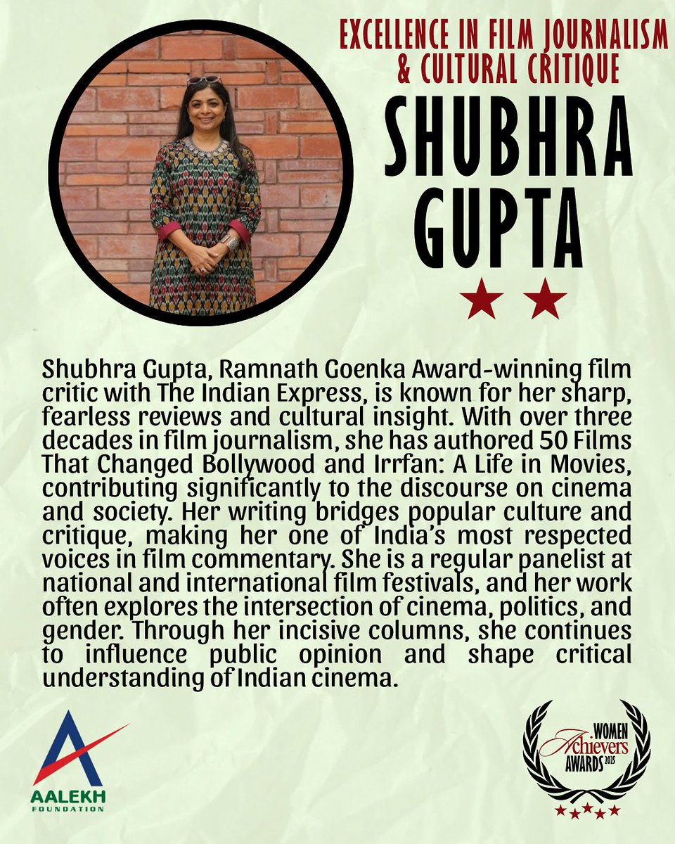 AalekhFoundOrg's tweet image. Among the 20 remarkable women honoured at the Aalekh Foundation Women Achievers’ Award 2025 (3rd Edition), Shubhra Gupta stands out as a fearless voice in Indian film criticism.
#AalekhAchievers2025 #ShubhraGupta #FilmCritic #WomenInMedia #CinemaAndSociety #CulturalVoices