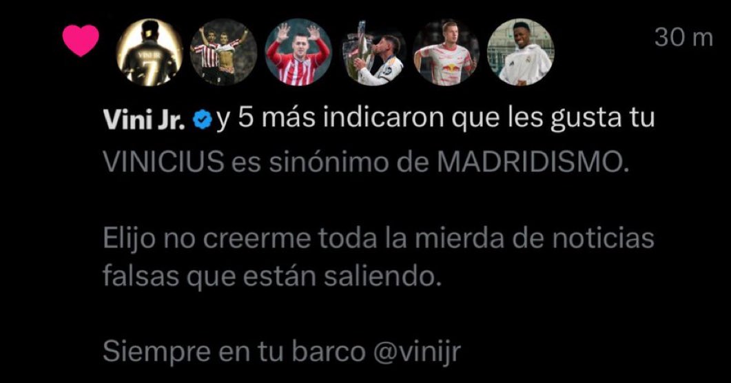 Vinicius Jr “like” a post on 𝕏 saying: 

“VINI is synonymous with MADRIDISMO.

“I choose not to believe all the crap of fake news that’s coming out.”

— <a href="/DoroRM_/">DoroRM</a>