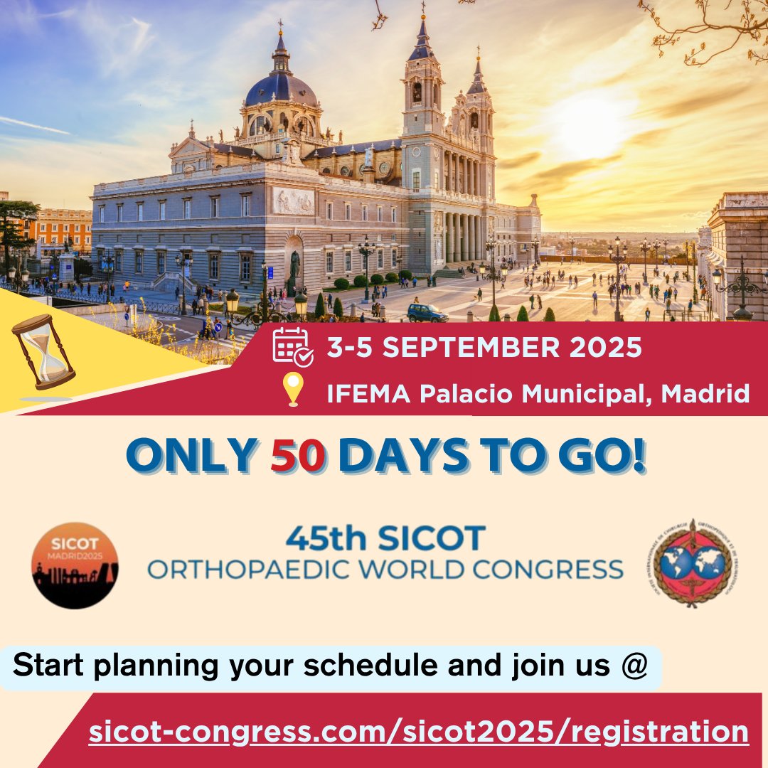 🎉 Countdown is on for the 45th SICOT OWC in Madrid!

📅 3–5 Sep
🌍 3500+ delegates | 120+ countries
🔬 Cutting-edge science, hands-on courses &amp; global networking
⚽️ Socials at Casino Gran Madrid &amp; Bernabéu Stadium!
💥 Don’t miss the pre-congress on 2 Sep
sicot-congress.com/SICOT2025