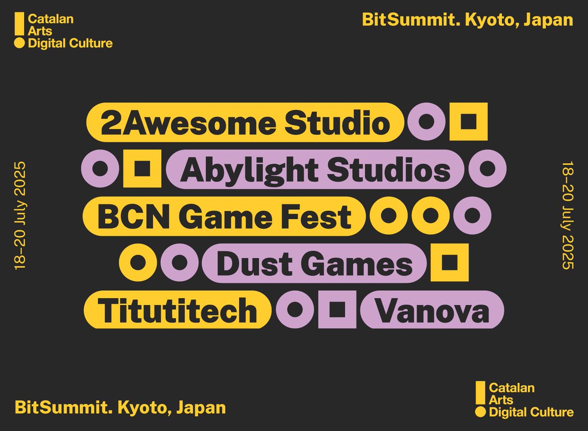 Catalan Arts (@catalanarts) on Twitter photo 🇯🇵 Japan, there we go!
🎮 Get ready to discover the talent of the Catalan studios and their games at <a href="/BitSummit/">BitSummit</a>!
<a href="/2AwesomeStudio/">2Awesome Studio</a> | <a href="/AlteredAlma/">Altered Alma</a>
<a href="/abylight/">Abylight Studios 🎮 CITADELUM-EXOGRAPHER-ANOXIA</a> | Soma
<a href="/DustGamesStudio/">Roombattle 🎈 DEMO ON STEAM</a> | Roombattle
<a href="/titutitech/">Titutitech</a> | Espina
<a href="/vanova_studio/">Vanova.tv</a> | Lumen
& <a href="/bcngamefest/">BCN Game Fest</a>
📲icec.cat/CA_BitSummit20… 🇯🇵 Japan, there we go!
🎮 Get ready to discover the talent of the Catalan studios and their games at <a href="/BitSummit/">BitSummit</a>!
<a href="/2AwesomeStudio/">2Awesome Studio</a> | <a href="/AlteredAlma/">Altered Alma</a>
<a href="/abylight/">Abylight Studios 🎮 CITADELUM-EXOGRAPHER-ANOXIA</a> | Soma
<a href="/DustGamesStudio/">Roombattle 🎈 DEMO ON STEAM</a> | Roombattle
<a href="/titutitech/">Titutitech</a> | Espina
<a href="/vanova_studio/">Vanova.tv</a> | Lumen
& <a href="/bcngamefest/">BCN Game Fest</a>
📲icec.cat/CA_BitSummit20…