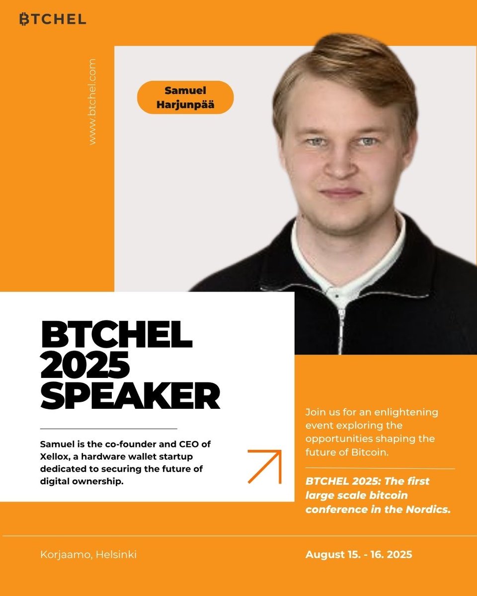 btchelevent's tweet photo. ‼️ Speaker announcement ‼️⁠
⁠
@saohix is the co-founder and CEO of Xellox, a hardware wallet startup dedicated to securing the future of digital ownership. A bitcoin-, cold storage-, and self-custody maximalist, Samuel believes hardware wallets will be at the center of the digital property and identity revolution. ⁠ ⁠ 

His mission is to empower individuals to take control of their wealth, data, and transactions — without reliance on legacy financial institutions. Through Xellox, Samuel is helping to drive forward a future where financial sovereignty belongs to everyone.⁠ ⁠ Follow BTCHEL to stay updated on more! 🙏🏼
⁠
Follow BTCHEL to stay updated on more! 🙏🏼