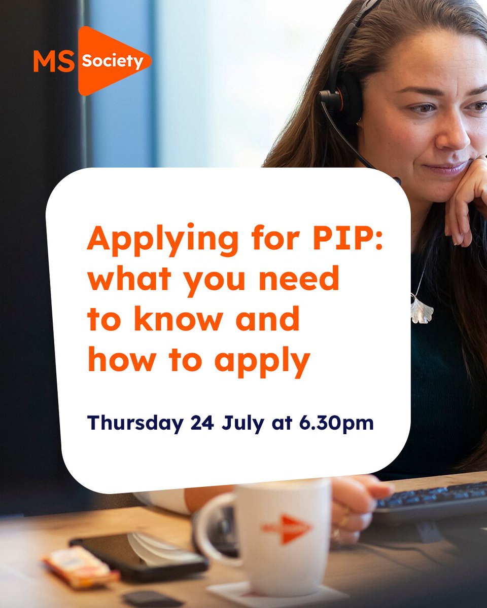 mssocietyuk's tweet image. Join our free virtual webinar! 💻
You'll find out more about applying for Personal Independence Payment (PIP), or Adult Disability Payment (ADP), and the best way to prepare for your application.
📆 Thursday 24 July
⏰ 6.30pm
🔗 Register now: mssoc.uk/4lgtKWS