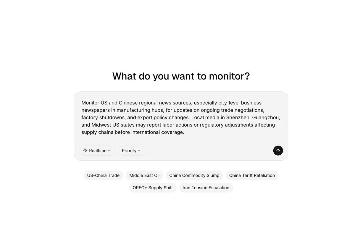 News drops a lot of the time on 𝕏 first. But we've got more to do all day than keep refreshing a tab right?

Set your task, we'll find sources both local and across social platforms and ONLY alert you when something material happens. React faster than everyone else.