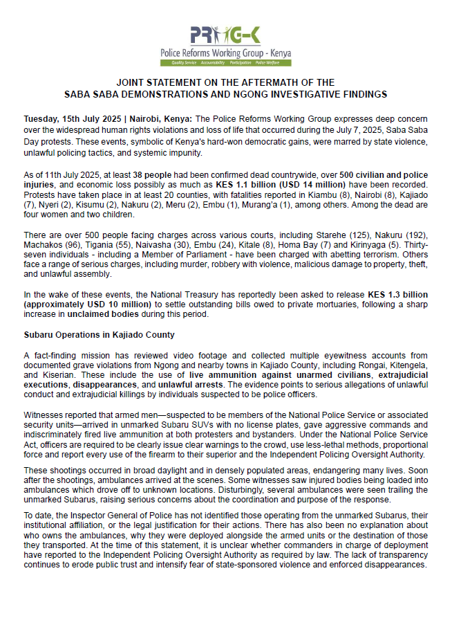 IMLU_org's tweet image. The Police Reforms Working Group-Kenya @ReformsGroup raises alarm over the tragic deaths and widespread human rights violations that occurred on #SabaSaba2025 leaving 38 confirmed dead, over 500 injured, and KES 1.1B in losses. #FreeToProtest