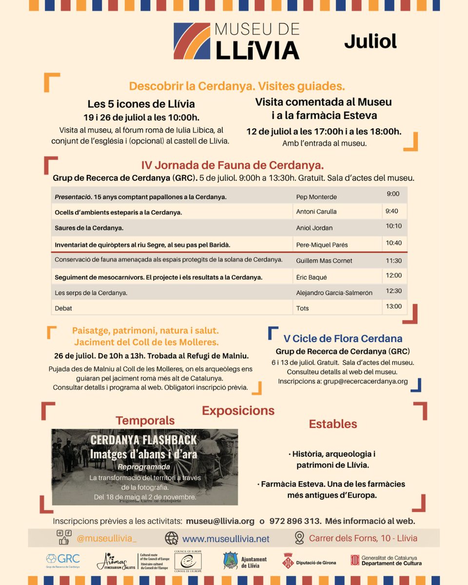 museudellivia's tweet photo. 🏰 Dissabte 26/7, ruta guiada per 🔹Les 5 icones de Llívia🔹: museu, farmàcia, fòrum romà, església i castell.
Una experiència per descobrir el patrimoni i fer salut caminant i compartint.
🕙 10 h (3 h aprox)
📩 museu@llivia.org
🔗 https://t.co/fUTcvp7VDP
#llivia #lacerdanya https://t.co/5qUbMmhYAv