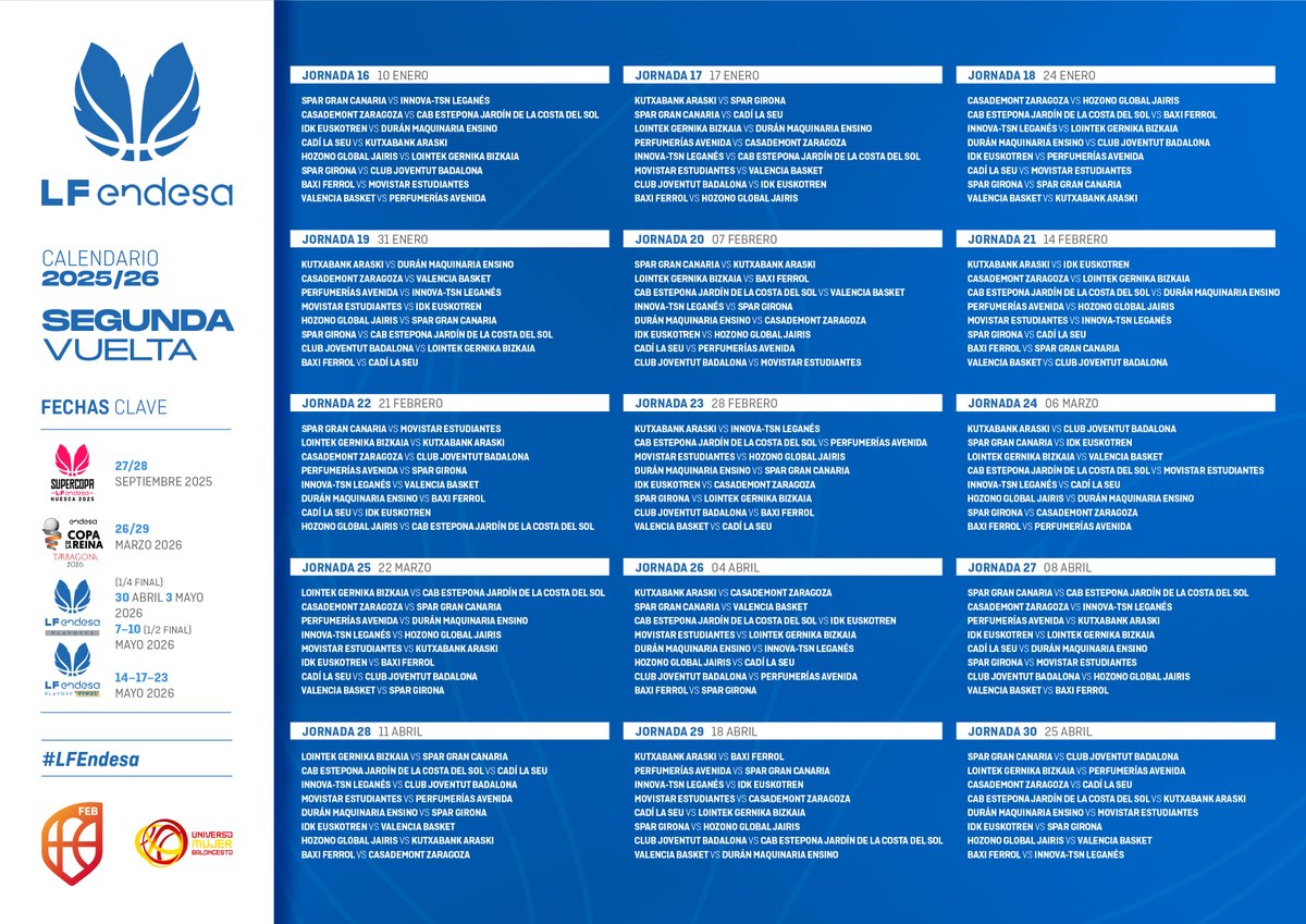 CompeticionesFEB (@competicionfeb) on Twitter photo 📆 Calendario #LFEndesa: Así será la segunda vuelta de Liga con 15 jornadas que otorgarán los 8 billetes a #PlayoffsLFEndesa
▶ Comenzará el 11 enero y concluirá con una última unificada el 19 abril
📲 Descarga tu calendario en PDF ⬇
feb.es/Documentos/Arc…
💙 <a href="/basketlover/">Endesa Basket Lover</a> 🏀 📆 Calendario #LFEndesa: Así será la segunda vuelta de Liga con 15 jornadas que otorgarán los 8 billetes a #PlayoffsLFEndesa
▶ Comenzará el 11 enero y concluirá con una última unificada el 19 abril
📲 Descarga tu calendario en PDF ⬇
feb.es/Documentos/Arc…
💙 <a href="/basketlover/">Endesa Basket Lover</a> 🏀