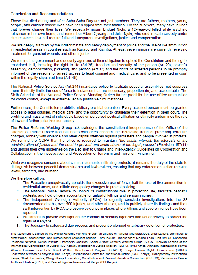 IMLU_org's tweet image. The Police Reforms Working Group-Kenya @ReformsGroup raises alarm over the tragic deaths and widespread human rights violations that occurred on #SabaSaba2025 leaving 38 confirmed dead, over 500 injured, and KES 1.1B in losses. #FreeToProtest
