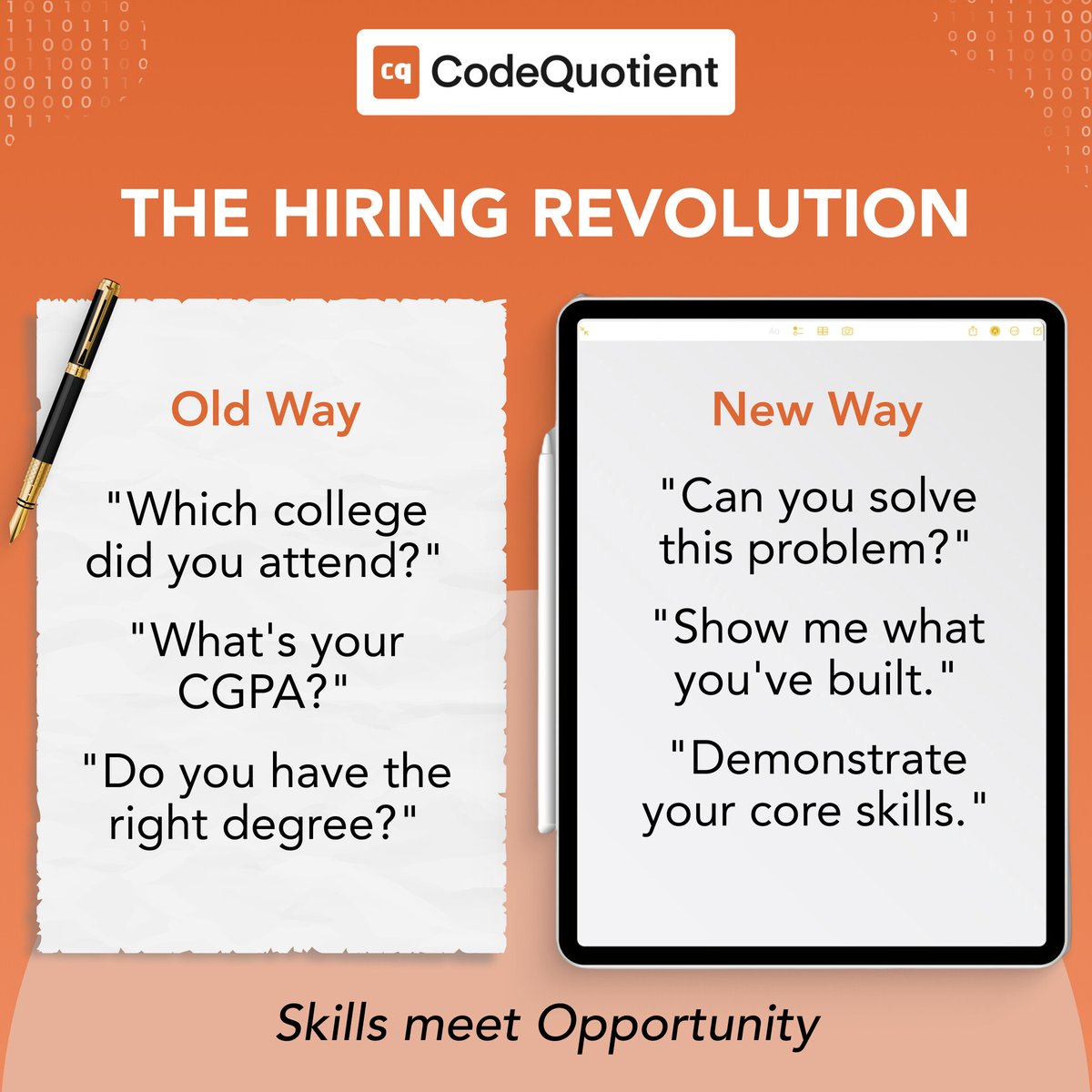 CodeQuotient's tweet image. Remote work broke location barriers, now it's breaking college barriers too!
Google, Apple, IBM hire based on skills over degrees.
CodeQuotient connects tier 2/3 talent with top companies.
Capability > prestige! 🎯
#SkillBasedHiring #CodeQuotient #TechHiring