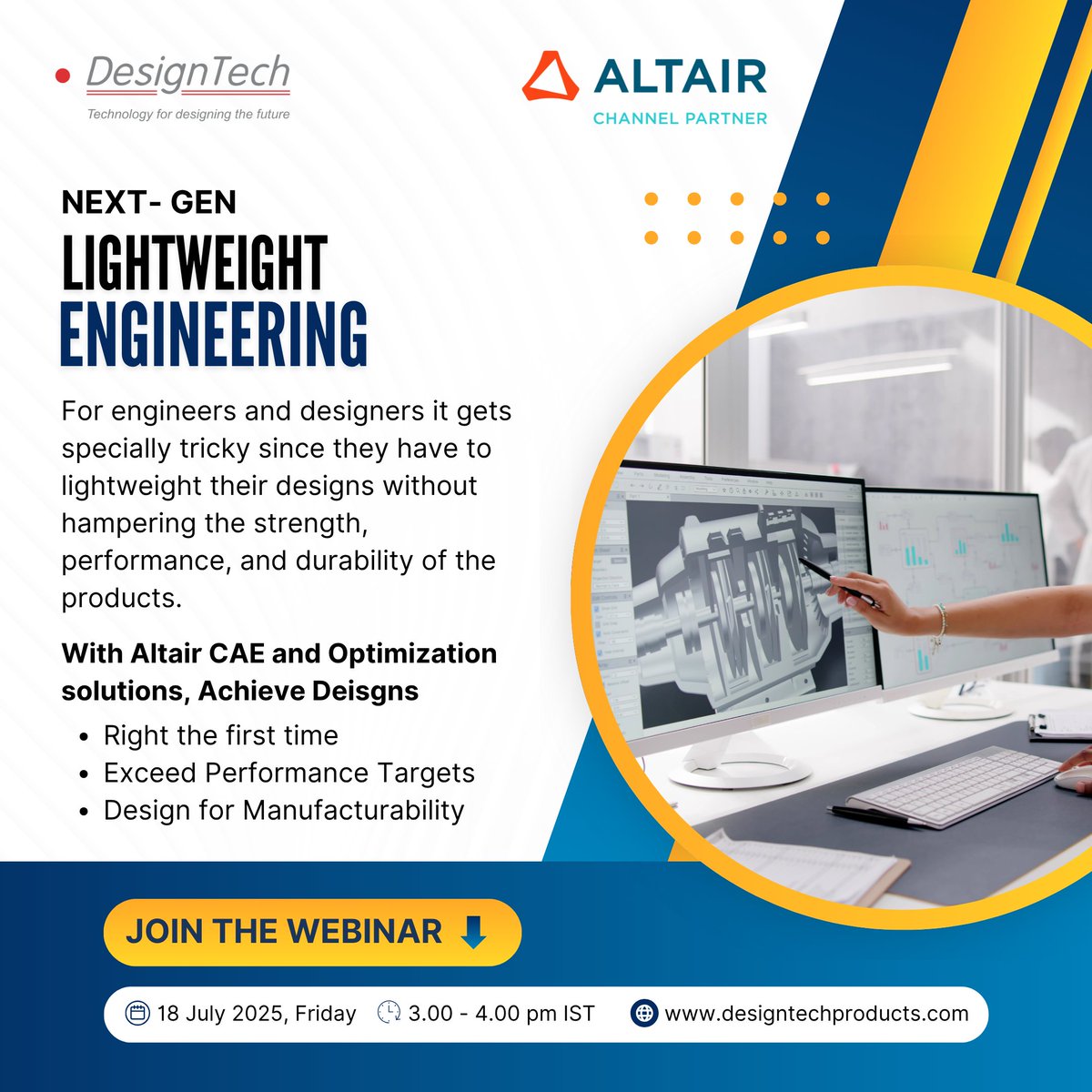 DesignTechSys's tweet photo. Join us for the free webinar on - Shape the future: Next Gen Lightweight Engineering with Altair
Date: 18th July 2025, Friday
Time: 03:00 PM to 04:00 PM
Click to Register:
https://t.co/tINLtSc0d2
#engineering #lightweighting #cae #onlyforward #altairpartner #designtech https://t.co/vhCJbWuhWh