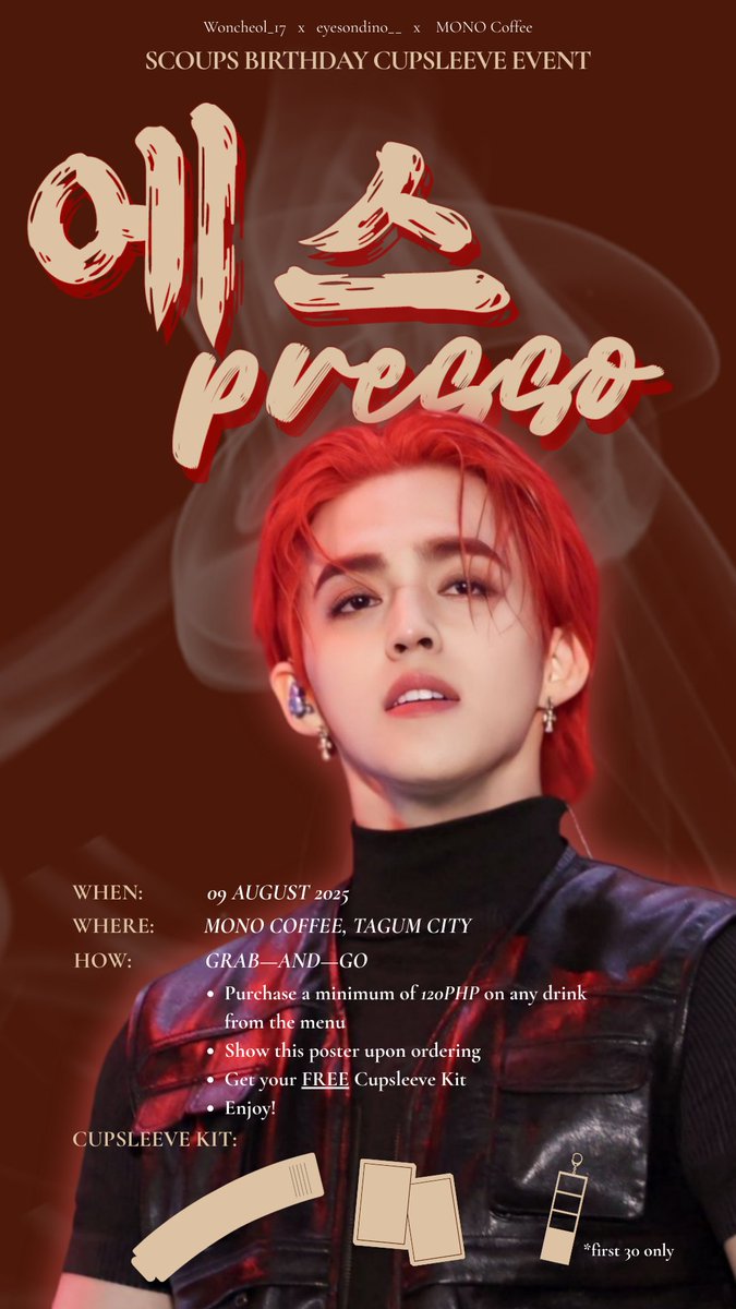eyesondino__'s tweet photo. [#에스presso_0808]
Hello Davao Carats👋 We're brewing something special for SEVENTEEN's SCoups — a FREE cupsleeve event you won’t want to miss!

Swing by, sip, and snag your dose of leader love.☕️❤️

📍 Mono Coffee, Tagum City
📅 09 August 2025

#SCOUPS #SEVENTEEN https://t.co/bE1bwX5aIM