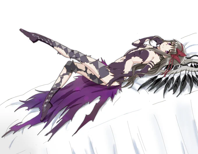 今朝描き上げた、悪魔ほむらさん(ダメージ衣装)。白背景。