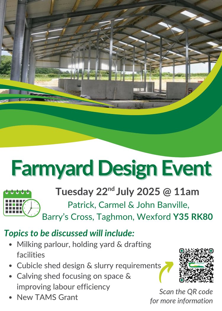 Farmyard Design Event
📍Barry’s Cross, Taghmon - Y35 RK80
🕣 Tuesday 22nd July - 11am

More info at bit.ly/4eRdlpq