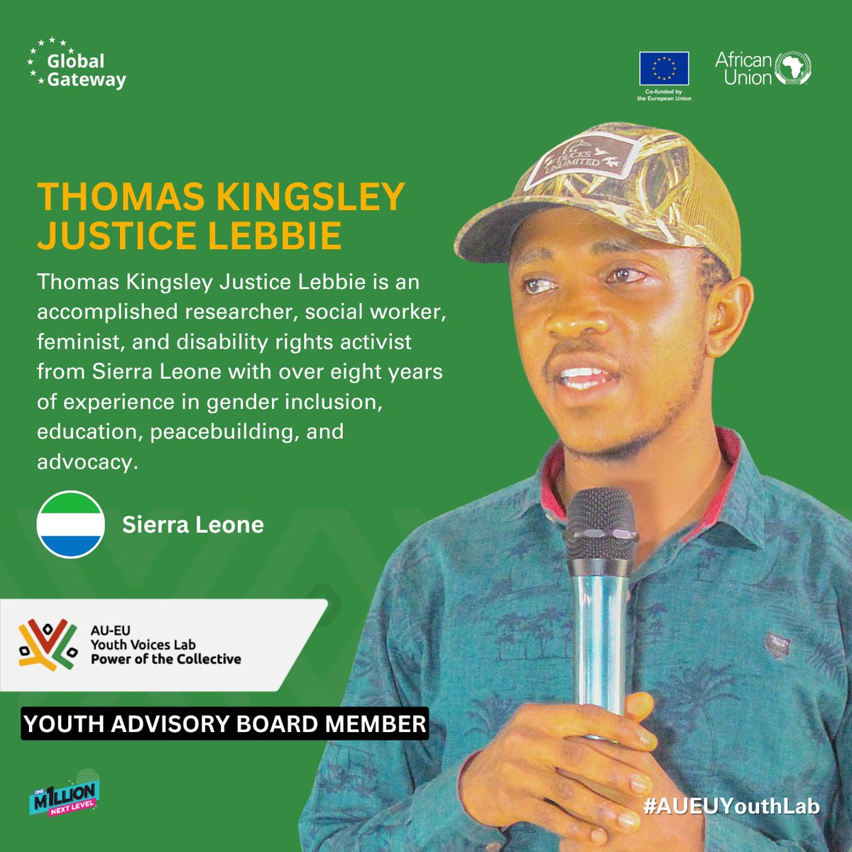 Meet Thomas Kingsley Justice Lebbie, an accomplished researcher, social worker, feminist and disability rights activist from Sierra Leone 🇸🇱.

Founder of Girls’ Parliament &amp; Mano River Youth Network, Thomas drives inclusive development, peace &amp; gender justice across Africa. 

As