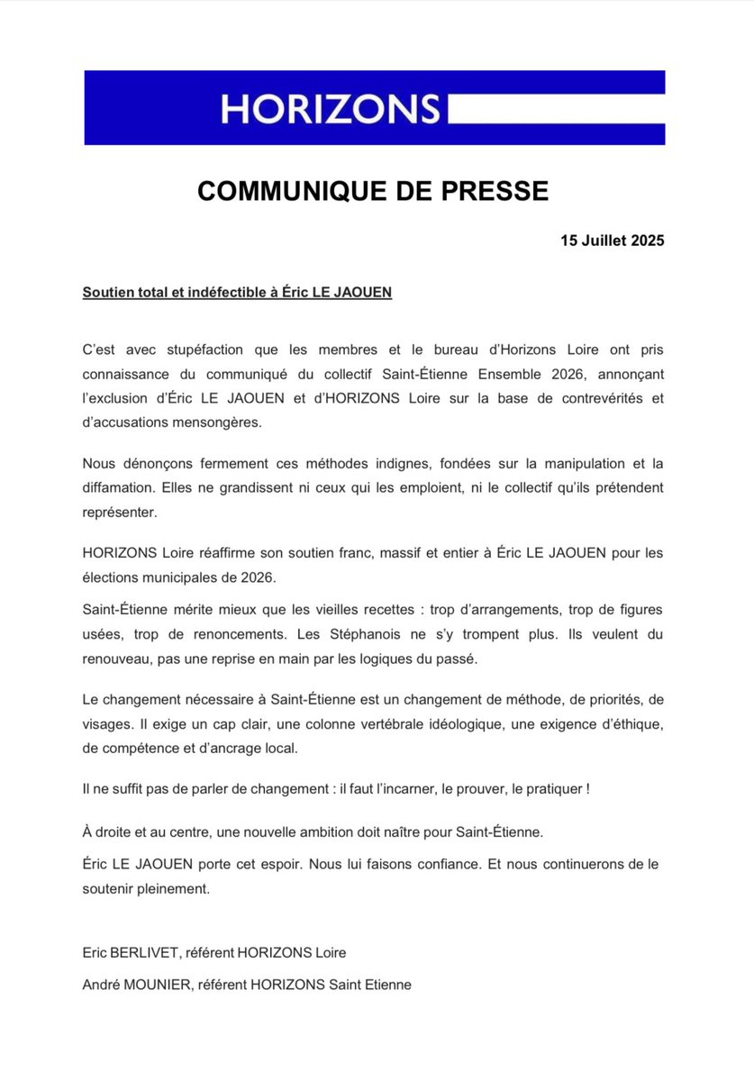 Communiqué <a href="/HorizonsLoire/">Horizons Loire</a> suite à l’exclusion <a href="/EricLeJaouen/">Eric Le Jaouen</a> du collectif <a href="/saint_2026/">Collectif Saint-Étienne Ensemble 2026</a>. Soutien massif et entier à notre chef de file pour un projet de renouvellement et de changement à #SaintEtienne #Municipales2026 
Haut les Cœurs 🔵⚪️
<a href="/Leprogresloire/">Le Progrès Loire</a> <a href="/tl7loire/">TL7</a> <a href="/icisaintetienne/">ICI Saint-Étienne Loire</a>