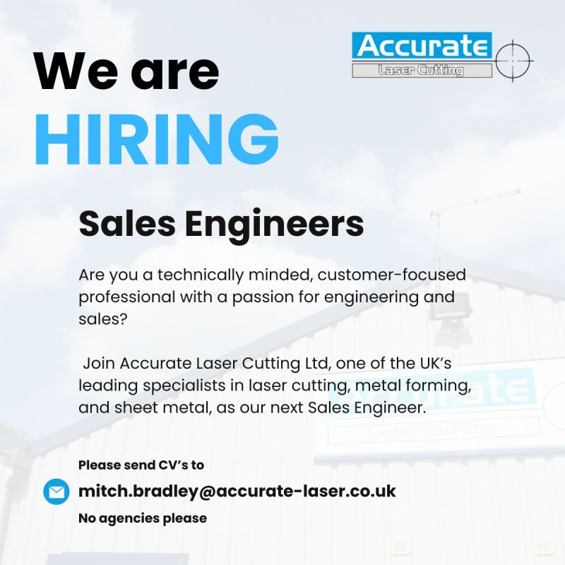 Looking for your next career step? We are looking for talented Sales Engineers to be the vital link between our technical capabilities and our customers’ needs.

Apply to mitch.bradley@accurate-laser.co.uk

#Hiring #salesengineer #lasercutting #ukmfg #jobs